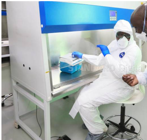 A technician working in a safety hood.